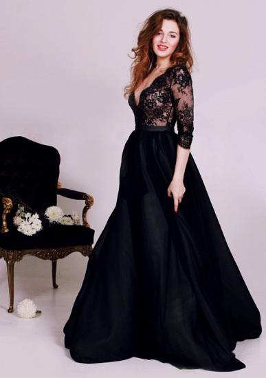 Schwarzes Kleid mit tiefem V-Ausschnitt und Spitze für formelle Anlässe Wunderschönes A-Linie 3/4 Langarm-Abendkleid_2