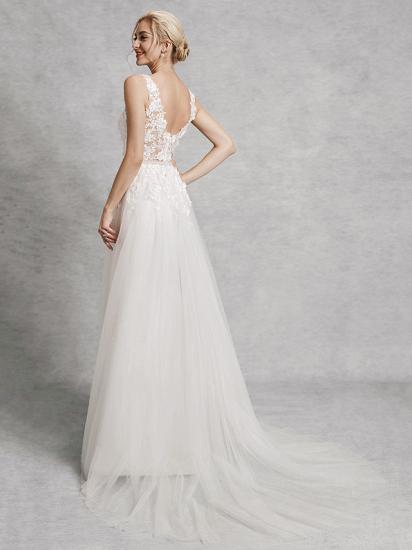 Romantic A-Line Wedding Dress V-Neck Lace Satin Tulle Straps Backless Bridal Gowns Illusion Detail with Court Train_2