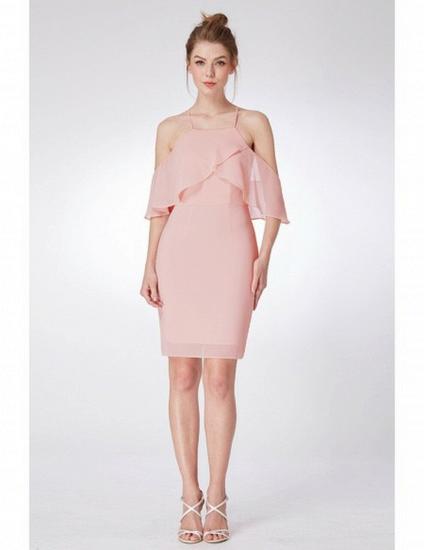 Off Shoulder Sleeves Pink Short Bridesmaid Dress_1
