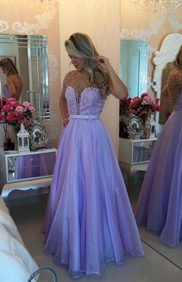Short Sleeve Lavender Lace Prom Dress with Beadings Floor Length Formal Occasion Dresses_1