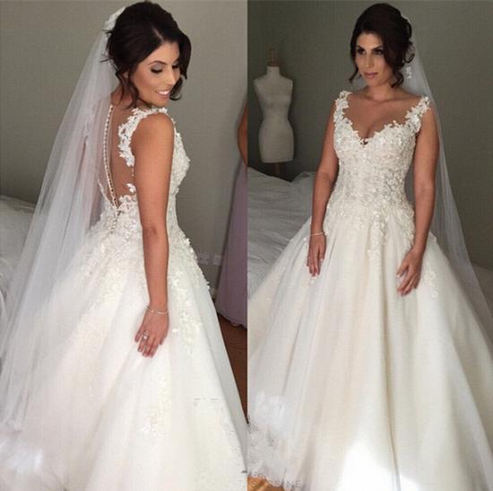 Latest A-line Lace Applique Bridal Gown Open Back Sleeveless Court Train Wedding Dress_3