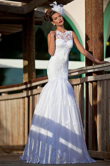 Elegant Mermaid Lace Wedding Dresses 2022 Jewel Sleeveless Floor Length Bridal Gowns_1