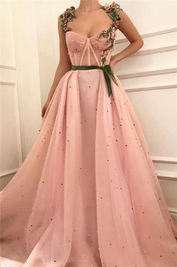 Exquisite Pink Tulle Burgundy Sash Prom Dress with Pearls | Sexy See Through Bodice Sweetheart Long Prom Dress_1