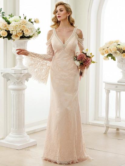 Sexy Sheath Wedding Dress Floral Lace Long Sleeves Bridal Gowns in Color Open Back with Sweep Train_5