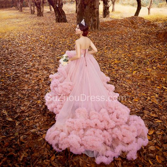 Luxurious Pink Organza Court Train Wedding Dresses Unique Custom Made Lace-Up Formal Bridal Gowns_3