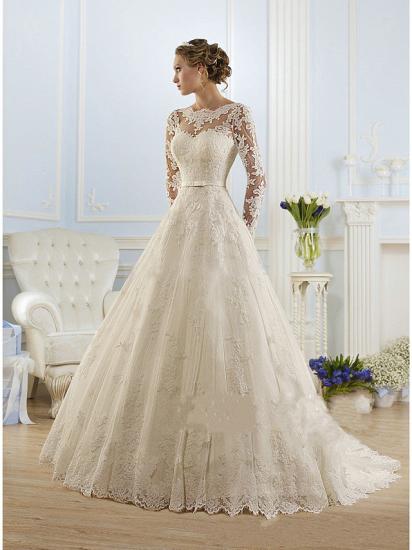 Formal A-Line Wedding Dress Jewel Lace Tulle Long Sleeve Sexy Bridal Gowns with Court Train