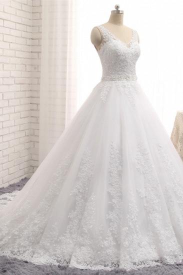 TsClothzone Gorgeous V neck Straps Sleeveless Wedding Dresses White A line Lace Bridal Gowns With Appliques Online_4