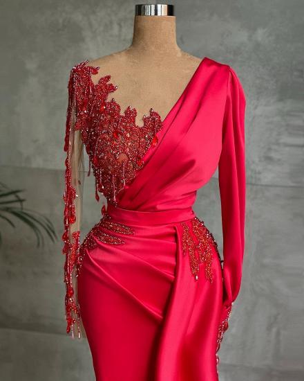 Charmantes rotes One-Shoulder-Meerjungfrauen-Abendkleid mit seitlichem Cape_2