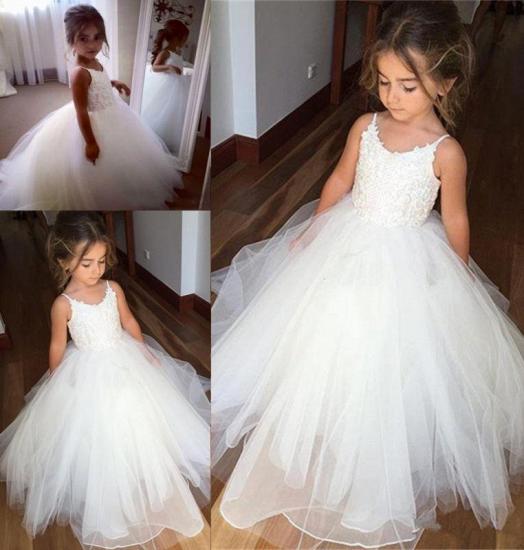 Lovely Sleeveless Spaghetti Straps Lace Flower Girl Dresses | White Tulle Ball Gown Pageant Dresses 2022_4