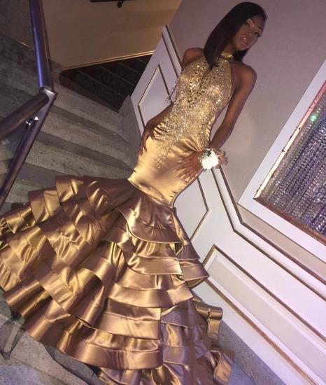 Glamorous Gold Mermaid High Neck Sleeveless Ruffles Crystal Prom Dresses_2