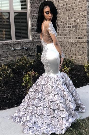 Silver Flowers Sexy See Through Prom Dresses | Long Sleeve Beads Lace Mermaid Graduation Dress_4