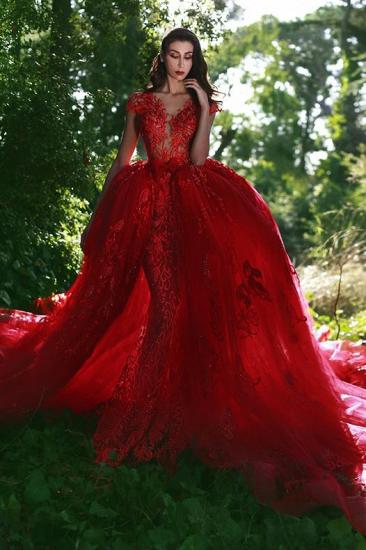Elegant Red V-Neck OverSkirt Lace Applique Prom Dresses
