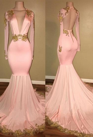 Gorgeous Long Sleeve V-Neck Prom Dress Mermaid With Gold Crystal_1