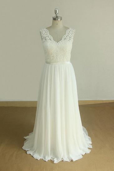 Elegantes ärmelloses Spitzen-Hochzeitskleid mit V-Ausschnitt | Weißes Chiffon-Brautkleid in A-Linie_1