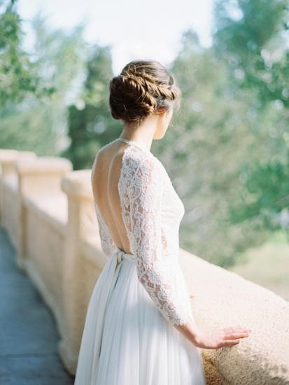 V-Neck Lace Long Sleeve Vintage Bridal Gown Latest Floor Length Custom Made Wedding Dress_3