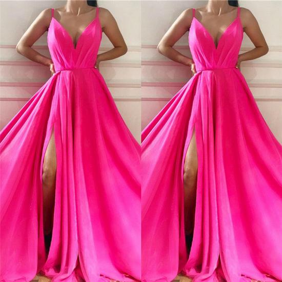 Sexy Spaghetti Straps Sleeveless Long Prom Dress | Affordable V Neck Front Slit Long Pink Prom Dress_2