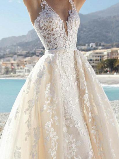 Sexy A-Line Wedding Dresses V-Neck Lace Tulle Sleeveless Bridal Gowns Formal See-Through Court Train_3