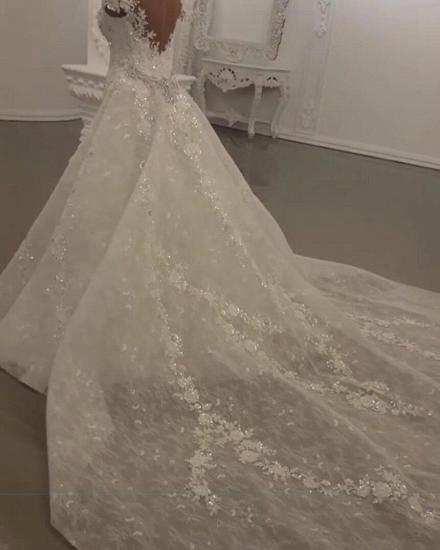 Glamorous Crystal Lace Off The Shoulder Brautkleider mit V-Ausschnitt und abnehmbarem Überrock | Günstige ärmellose Open Back Brautkleider_5
