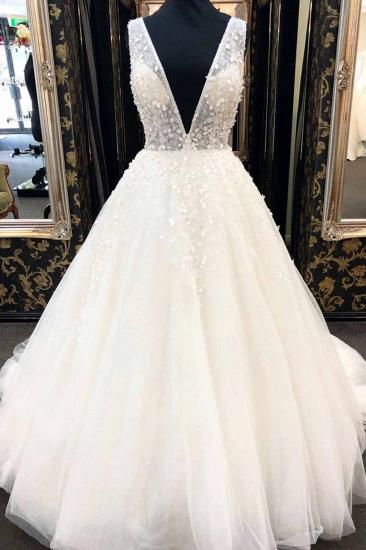 White Deep V Neck Wedding Dress Sleeveless Tulle Aline Bridal Dress_1