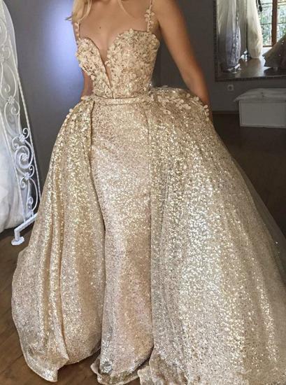 Shiny Sequins V Neck Spaghetti Straps Appliqued Prom Dresses With Detachable Skirt | Champagne Evening Gowns