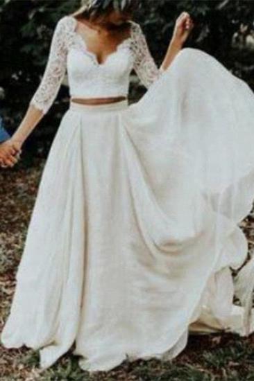 Boho Two-pieces Lace sleeves Summer Beach Wedding Dress_1