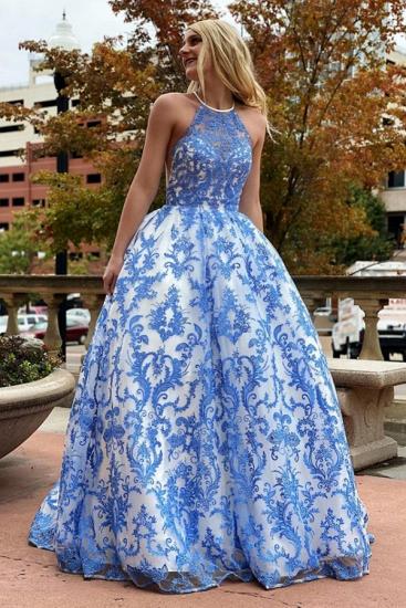 Ramona | White Halter Illusion neck Puffy Blue Lace Prom Dress_1