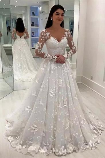 Elegant V-Neck Long Sleeves Lace Wedding Dresses | Cheap Open Back A-Line Bridal Gowns 2022