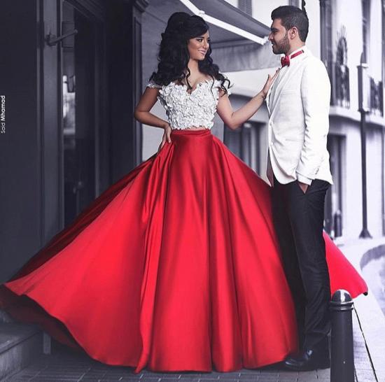 Weißes und rotes zweiteiliges Abschlussballkleid 2022 Schulterfreies, sexy langes Abendkleid_2