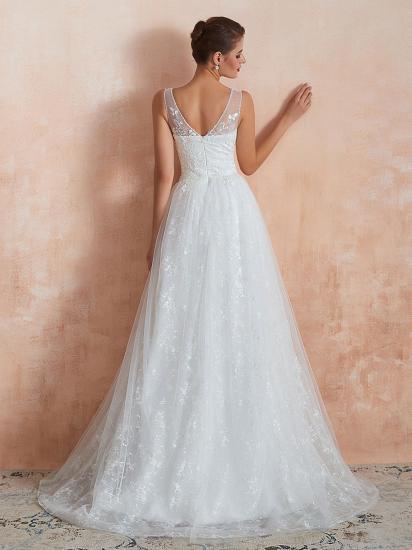 White Sleeveless V Neck Tulle Lace A-Line Wedding Dresses_2