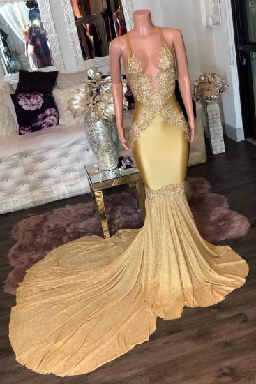 Stunning Golden Appliques Spaghetti Long Mermaid Evening Dresses_1