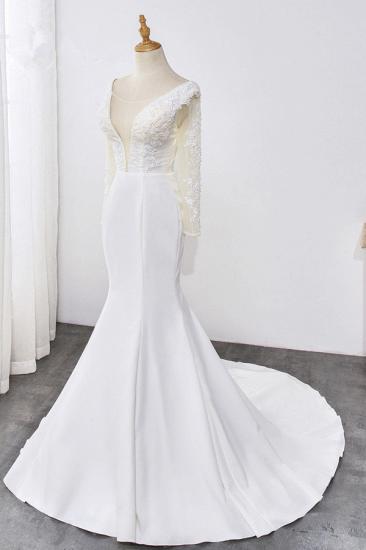 TsClothzone Einfaches Satin-Meerjungfrau-Juwel-Hochzeitskleid Tüll-Spitze mit langen Ärmeln Brautkleider im Angebot_4
