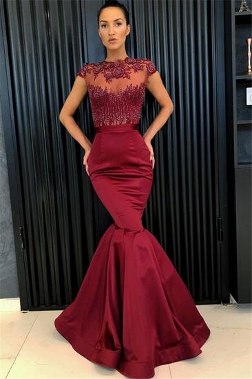 Sexy Burgundy Mermaid Evening Dresses 2022 | Cap Sleeves Appliques Beaded Evening Gowns_2