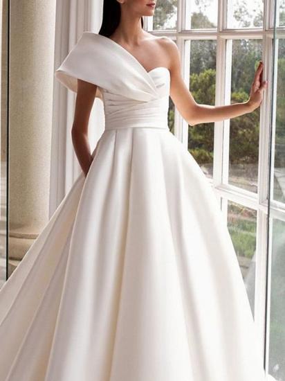 Simple A-Line Wedding Dress One ShoulderSatin Short Sleeves Bridal Gowns with Sweep Train_3