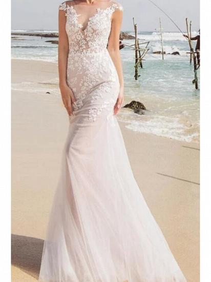Sexy See-Through Mermaid Wedding Dress Jewel Lace Tulle Sleeveless Bridal Gowns  with Sweep Train_3
