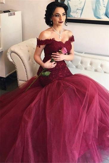 Off The Shoulder Burgundy Lace Evening Gowns Tulle Mermaid 2022 Prom Dresses_1