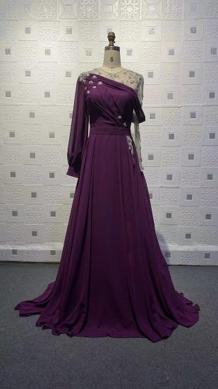 Delicate Crystal Embellished Appliquéd Long Sleeve Purple Evening Gown_2
