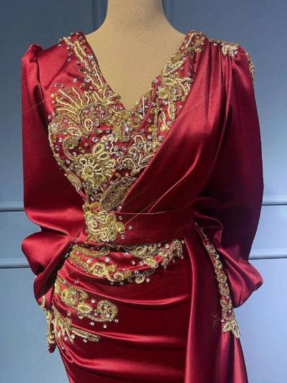 Elegant Long Red Evening Dress with Sleeves | V Neck Crystal Prom Dress_4