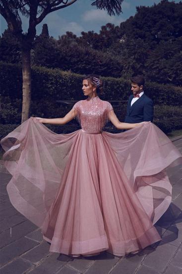 Special High Neck Tassel Beading Cap Sleeves Princess Prom Dresses | Blushing Pink Evening Gowns_5