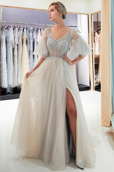 MARIE | A-line V-neck Floor Length Beading Tulle Evening Gowns with Sleeves_8