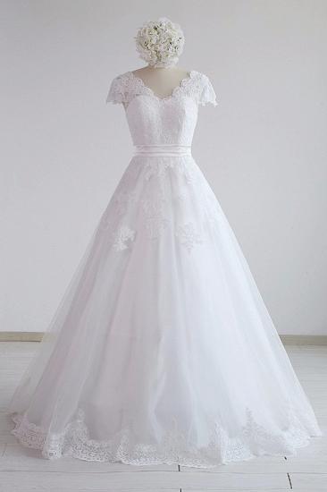 Glamouröses Kurzarm-Spitzenhochzeitskleid mit V-Ausschnitt | Weiße Tüll-Brautkleider in A-Linie mit Applikationen