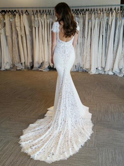 White V-Neck Lace Appliques Mermaid Bridal Gown| Backless Cap Sleeve Long Wedding Dress_2