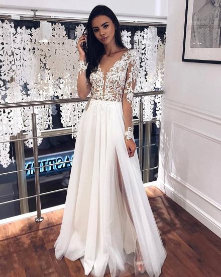 V-neck Appliques Long Sleeve A-line Wedding Dresses | Side Split Pleated Tulle Bridal Gowns_2