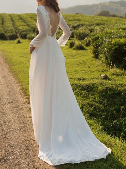 Chiffon White Long Sleeves Backless Lace A-Line Wedding Dresses_1