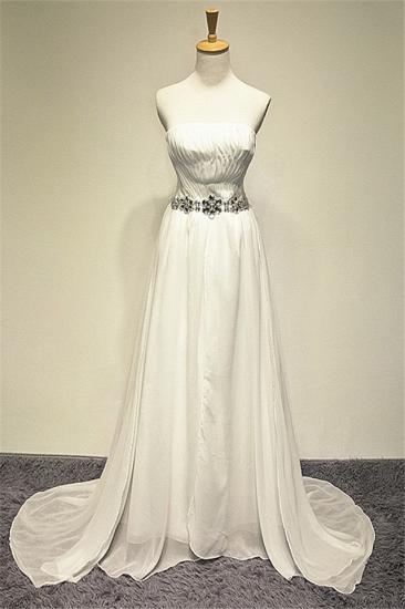 Zipper Whilte Chiffon Long Strapless Bridal Dresses A-line Ruffle Crystal Sweep Train Formal Wedding Dress Under 200