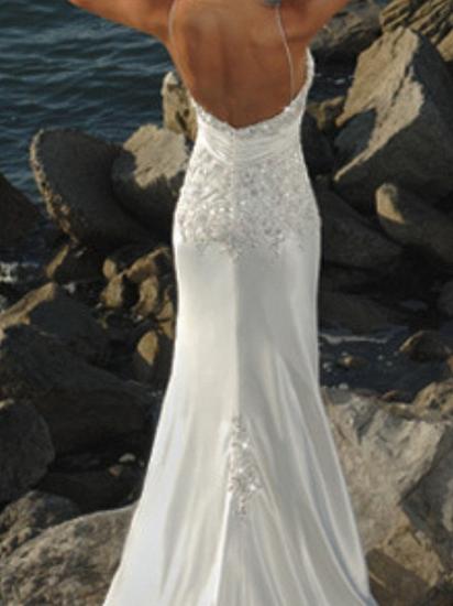 Formal Mermaid Wedding Dress V-Neck Lace Sleeveless Beach Bridal Gowns Sweep Train_3