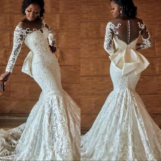 Long Sleeve Lace Wedding Dresses Cheap | Sexy Sheer Tulle Mermaid Bridal Dresses with Bow_3
