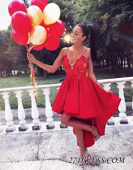 Cute Red High-low A-line Lace V-neck Homecoming Dress_1