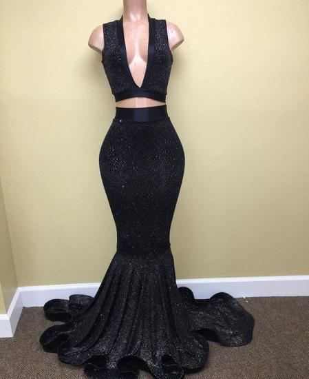 Black Two Pieces Sequined Prom Dresses 2022 Deep V-Neck Sleeveless Evening Dresses_3