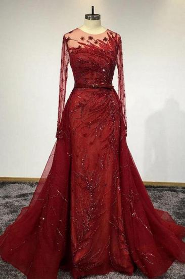 Atemberaubendes rotes Meerjungfrauen-Abendkleid mit langen Ärmeln und abnehmbarer Schleppe