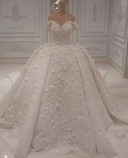 Charming Off-The-Shoulder Lace Beaded Ball Gown Wedding Dress_1